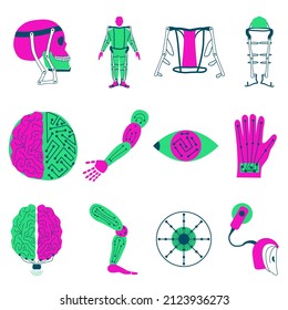 Exoskeleton flat icon set on white background. 12 vector icons assist devices. Future technology web graphics