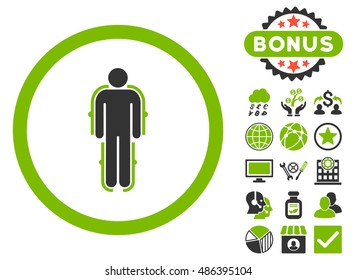 Exoskeleton icon with bonus images. Vector illustration style is flat iconic bicolor symbols, eco green and gray colors, white background.