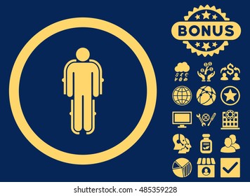 Exoskeleton icon with bonus pictogram. Vector illustration style is flat iconic symbols, yellow color, blue background.