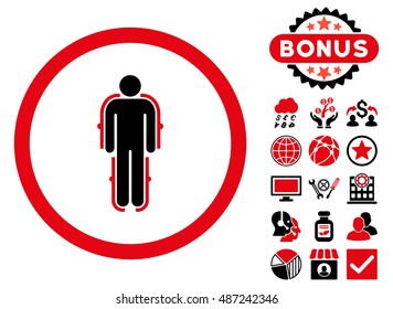Exoskeleton icon with bonus pictogram. Vector illustration style is flat iconic bicolor symbols, intensive red and black colors, white background.
