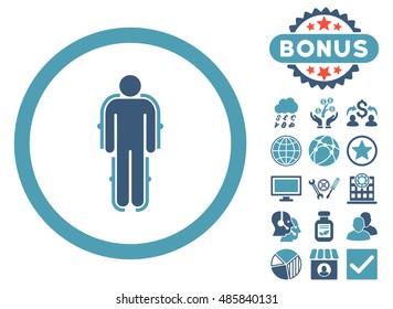 Exoskeleton icon with bonus pictures. Vector illustration style is flat iconic bicolor symbols, cyan and blue colors, white background.