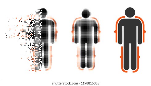 Exoskeleton icon in dispersed, pixelated halftone and undamaged whole variants. Points are combined into vector dispersed exoskeleton icon. Disintegration effect uses rectangle particles.