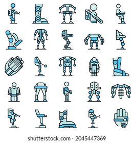 Exoskeleton icons set outline vector. Artificial cyber body. Bionics future color flat