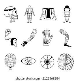 Exoskeleton line icon set on white background. 12 vector icons assist devices. Future technology web graphics. 