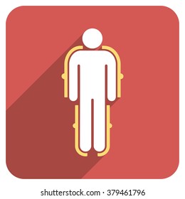 Exoskeleton long shadow vector icon. Style is a light flat symbol on a red rounded square button.