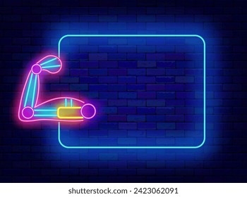 Exoskeleton neon flyer. Robotic arm, assistance for the disabled. Empty blue frame. Medical technology. Artificial intelligence. Copy space. Editable stroke. Vector stock illustration