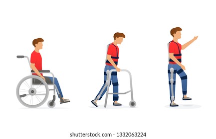 Exoskeleton rehabilitation. Evolution of disabled man. Character on wheelchair, stay with crutches, walking with exosuit. Vector illustration