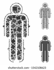Exoskeleton skafandr composition of rough parts in various sizes and color tinges, based on exoskeleton skafandr icon. Vector unequal parts are organized into collage.