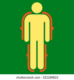 Exoskeleton vector icon. Style is bicolor flat symbol, orange and yellow colors, rounded angles, green background.
