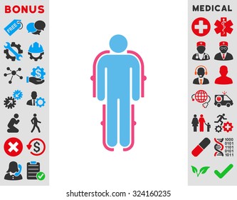 Exoskeleton vector icon. Style is bicolor flat symbol, pink and blue colors, rounded angles, white background.