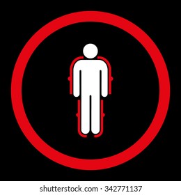 Exoskeleton vector icon. Style is bicolor flat rounded symbol, red and white colors, rounded angles, black background.