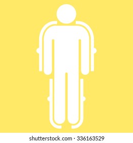 Exoskeleton vector icon. Style is flat symbol, white color, rounded angles, yellow background.