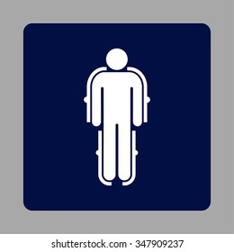 Exoskeleton vector icon. Style is flat rounded square button, white and dark blue colors, silver background.