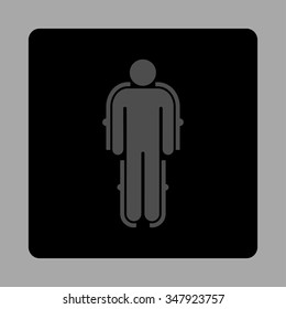 Exoskeleton vector icon. Style is flat rounded square button, gray and black colors, silver background.