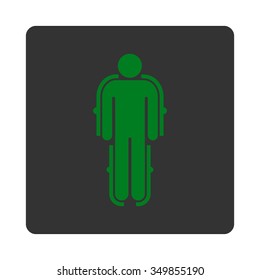 Exoskeleton vector icon. Style is flat rounded square button, green and gray colors, white background.