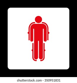 Exoskeleton vector icon. Style is flat rounded square button, red and white colors, black background.
