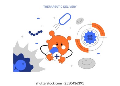 Exosome concept. Cellular elements and exosomes engage in therapeutic delivery. Cell communication, medical treatment advancement. Vector illustration.