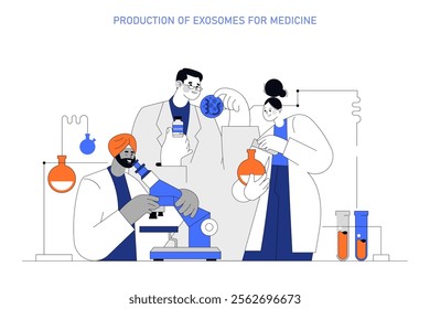 Exosome production for medicine concept. Scientists researching cellular structures for medical applications. Laboratory teamwork, advanced biotechnology research. Vector illustration.