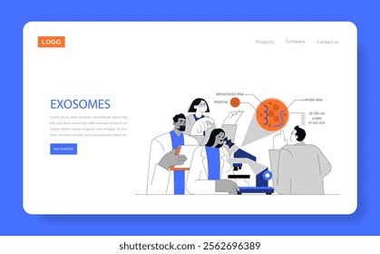 Exosome research concept. Scientists analyze microRNA and messenger RNA in biomedical lab. Intracellular communication, molecular biology study. Vector illustration.