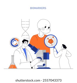 Exosome research concept. Scientists examine cellular exosomes with microscope in laboratory setting. Medical discovery in biomarker analysis. Vector illustration.