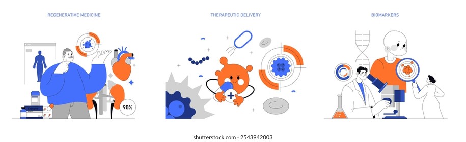 Exosome Science set. Regenerative medicine, therapeutic delivery, and biomarker research concepts. Biotechnological advances and medical breakthroughs. Vector illustration.