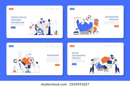 Exosomes set. Biomedical research and therapy development. Scientists investigating cellular therapies, biomarkers, and treatments for neurodegenerative diseases. Vector illustration.