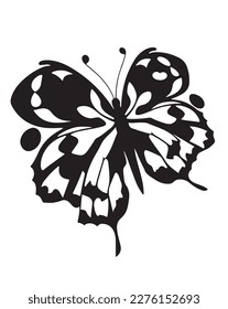 Exotic abstract butterfly closeup. Good for tattoo. Editable vector monochrome image with high details isolated on white background