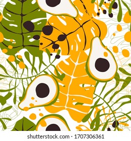 Exotic Abstract Flora and Avocado Fruit in Trendy Seamless Pattern for Wallpapers and Textile Prints in Vector. Fancy Tropical Foliage in Modern Background