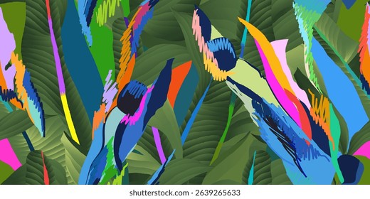 Exotic abstract funky jungle pattern. Dynamic tropical print. Fashionable unique template for design. 