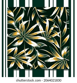 exotic abstract green bamboo leaf tropical seamless pattern plants with yellow and white color combination on black background fashionable. Vector design. Jungle print. summer