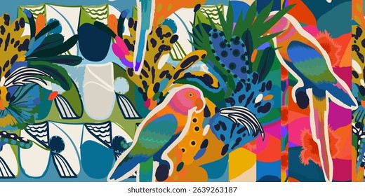 Exotic abstract hand drawn pattern with parrots. Colorful dynamic contemporary seamless pattern. Quirky unique print.