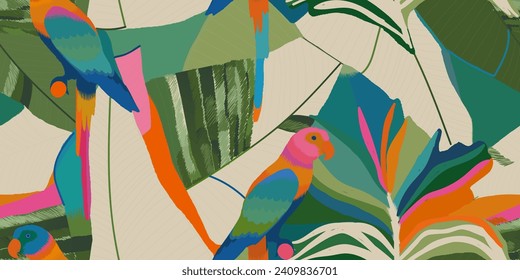 Exótico patrón abstracto de jungla con loros. Colorido patrón botánico abstracto contemporáneo sin fisuras. Impresión única dibujada a mano.