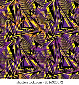 Exotic abstract seamless pattern with curved geometry elements and leaves