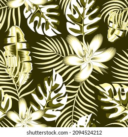 exotic abstract seamless pattern with green monochromatic tropical banana palm leaves and hibiscus flowers plants foliage on dark background. Vector design. Jungle print. Floral background. autumn