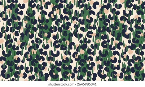 Exotic abstract seamless pattern. Vector green shapes, raindrop elements, and hand drawn animal spots on a light beige backgrounds. Modern fashionable design for textiles, wrapping, digital prints