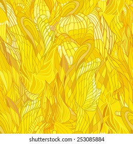 Exotic abstract seamless vector pattern. Yellow background. Macro orchids, jungle, tropical ...