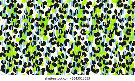 Exotic abstract summer pattern. Vector bold green shapes, pink and blue raindrop elements, and hand drawn animal spots. Modern, playful design for textiles, wrapping, digital backgrounds