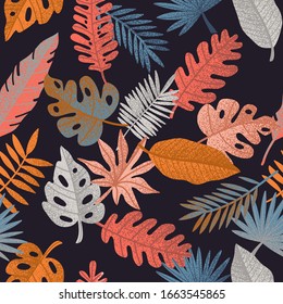Exotic abstract tropical pattern with bright colorful leaves and plants on pastel background. Trendy seamless exotic pattern with tropical plants. 
