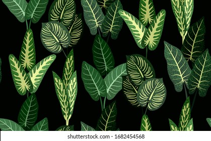 Exotic abstract tropical pattern with bright colorful leaves and plants on pastel background. Trendy seamless exotic pattern with tropical plants. 