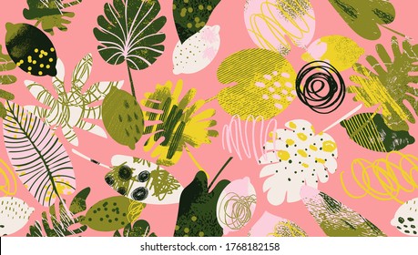 Exotic abstract tropical pattern with bright colorful leaves and plants on pastel background. Trendy seamless exotic pattern with tropical plants. 