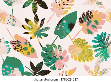 Exotic abstract tropical pattern with bright colorful leaves and plants on pastel background. Trendy seamless exotic pattern with tropical plants. 