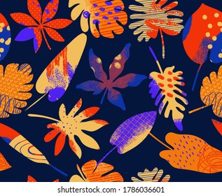 Padrão tropical abstrato exótico com folhas coloridas brilhantes e plantas em fundo pastel. Moda sem emenda padrão exótico com plantas tropicais. 