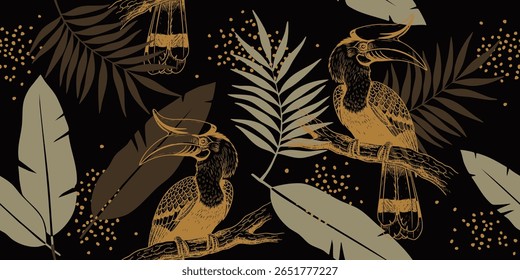 Exotic abstract tropical pattern with hornbill. Botanical abstract contemporary seamless pattern. Hand drawn unique print.