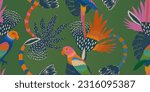 Exotic abstract tropical pattern with parrots. Colorful botanical abstract contemporary seamless pattern. Hand drawn unique print.