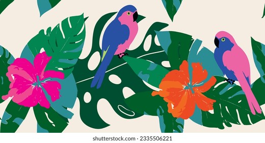 Exotic abstract tropical pattern with parrots. Colorful botanical abstract contemporary seamless pattern. Hand drawn unique print.
