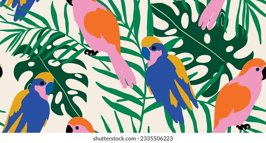 Exotic abstract tropical pattern with parrots. Colorful botanical abstract contemporary seamless pattern. Hand drawn unique print.