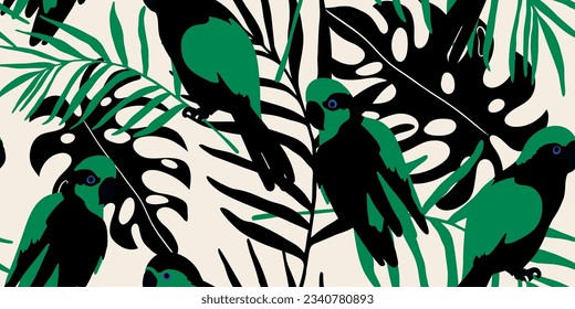 Exotic abstract tropical pattern with parrots. Botanical abstract contemporary seamless pattern. Hand drawn unique print.