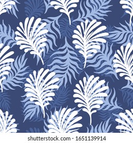 Exótico patrón abstracto de jungla azul vectorial en el fondo azul. Papel pintado de arte moderno