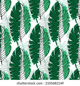 Exotic abstract vector green jungle seamless pattern on white background. Fashion Beach Print Wallpaper 