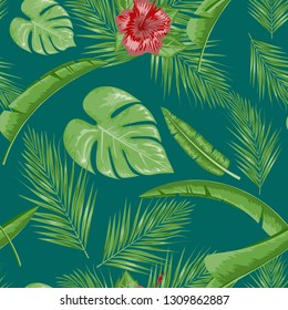 Exotic abstract vector jungle or tropical leaf and flower seamless pattern. Vector illustration. Green leaf and green background.